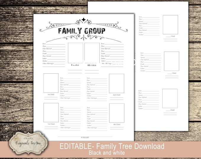 EDITABLE- Black and white - Family Tree Download and print - Easily create your family tree with our downloadable prints
