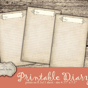 Puede incluir: Tres páginas de diario imprimibles con una estética vintage. Cada página tiene un borde decorativo y la palabra "Día:" en la parte superior. Las páginas están rayadas para escribir y están diseñadas para imprimirse en papel de 8,5 x 11 pulgadas. Las páginas miden 4,77 pulgadas por 7,5 pulgadas.