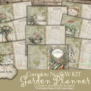 Op de afbeelding: Een complete naaiset voor een tuinplanner. De set bevat 15 journaliseringspatronen, elk 8,5 bij 5,5 inch groot wanneer gevouwen. De patronen bevatten verschillende tuinontwerpen, waaronder bloemen, groenten en tuingereedschap.