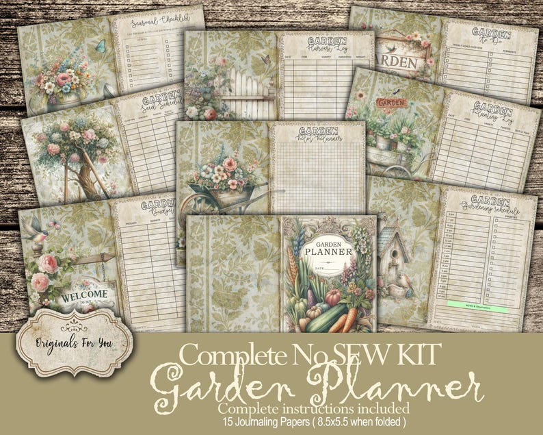 Op de afbeelding: Een complete naaiset voor een tuinplanner. De set bevat 15 journaliseringspatronen, elk 8,5 bij 5,5 inch groot wanneer gevouwen. De patronen bevatten verschillende tuinontwerpen, waaronder bloemen, groenten en tuingereedschap.