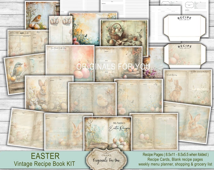 EASTER Vintage Recipe Book Template KIT, Junk Journal Papers, Shabby, Printable, Digital Download