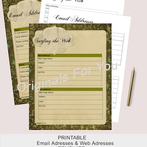 May include: Printable template with a green and brown floral background. The template is for organising email addresses and web addresses. The text "Surfing the Web" is at the top of the page.