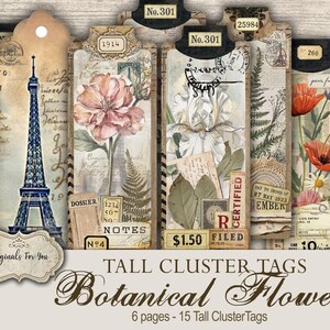 May include: A collection of tall cluster tags featuring botanical flowers. The tags have a vintage aesthetic with floral illustrations, the Eiffel Tower, and various stamps and labels. The text on the tags includes "Botanical Flowers" and "Originals For You".