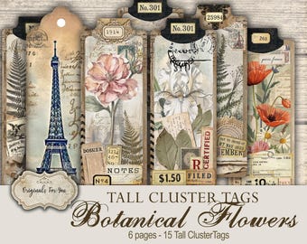 Botanical Tall CLUSTER TAGS, Vintage, Printable Junk Journal, Antique Style , Collage, Scrapbooking Elements, Ephemera