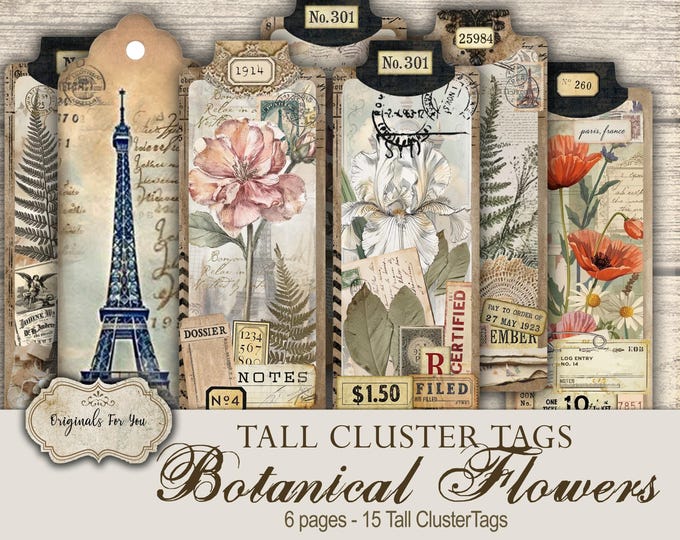 Botanical Tall CLUSTER TAGS, Vintage, Printable Junk Journal, Antique Style , Collage, Scrapbooking Elements, Ephemera