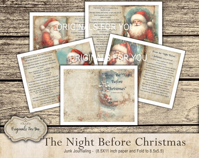 Junk Journaling Papers - "The NIGHT BEFORE CHRISTMAS" - Collage Sheet, Digital Download, Printable, Vintage, Watercolor