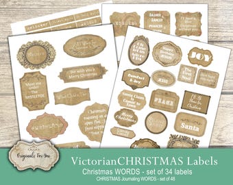 VICTORIAN CHRISTMAS Labels - Christmas WORDS, Victorian, Junk Journal Words, Cards, Ephemera, Download and Print