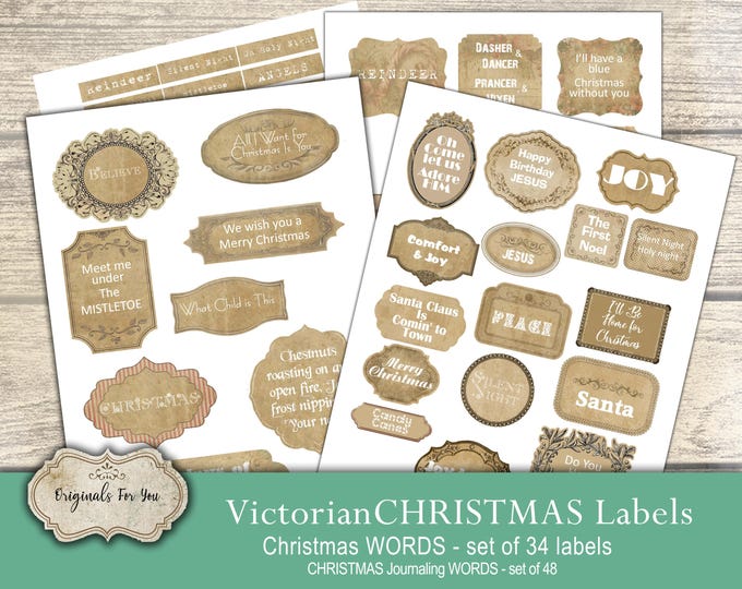 VICTORIAN CHRISTMAS Labels - Christmas WORDS, Victorian, Junk Journal Words, Cards, Ephemera, Download and Print