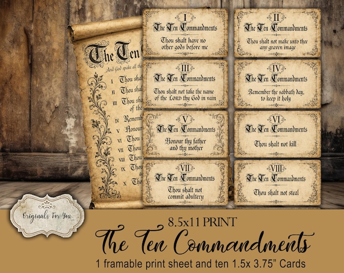 Vintage Antique “The Ten Commandments”,  Suitable for framing, Bible cards, Collage Sheet, Printable Bible Verses