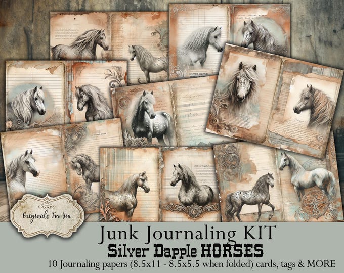 SILVER DAPPLE HORSES Junk Journal Kit, Vintage Journaling Kit, equestrian, Horse Ephemera, Tags, Digital Download, Junk Journal Kit, Western