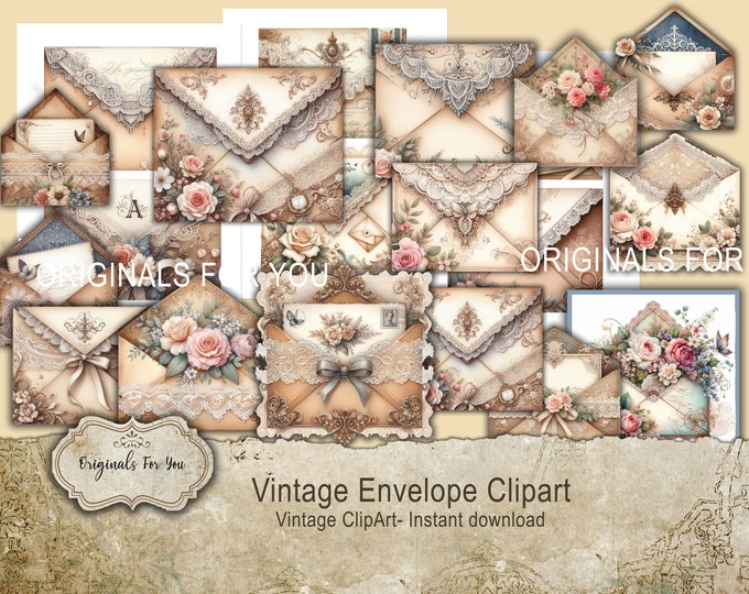 Vintage Envelope Clipart, Floral, junk journal, shabby chic, antique, download and print