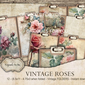 May include: Twelve vintage-style folders with a floral design featuring pink roses and green leaves. The folders are 8.5 inches by 11 inches and fold to 4.75 inches by 3 inches. The folders are labeled "Originals For You" and "Tags".