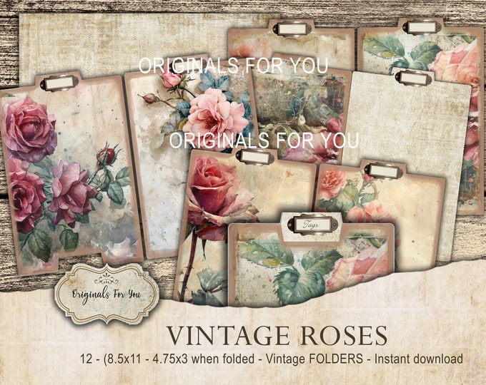 Vintage Antique Roses Mini Folders - Junk Journal Papers, Shabby, Printable, Digital Download