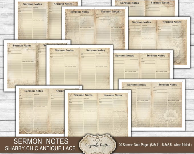 Antique Lace, Christian SERMON NOTES, Shabby Chic, Digital Download, Printable, Bible Verses, Prayer, Bible, Church Notes
