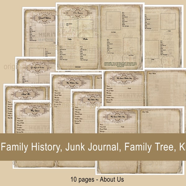 Family History, Junk Journal, Family Tree, Kit, Scrapbook, Genealogy, Story, Chart, Shabby, Printable, Digital Download  5x7