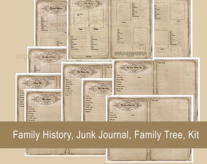 Family History, Junk Journal, Family Tree, Kit, Scrapbook, Genealogy, Story, Chart, Shabby, Printable, Digital Download  5x7