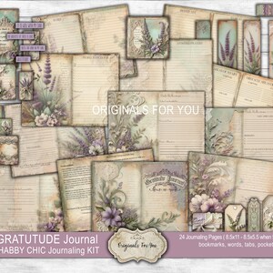 May include: A digital scrapbooking kit with a shabby chic aesthetic featuring a lavender theme. The kit includes 24 journaling pages, bookmarks, words, tabs, and pockets. The kit is designed for creating a gratitude journal.