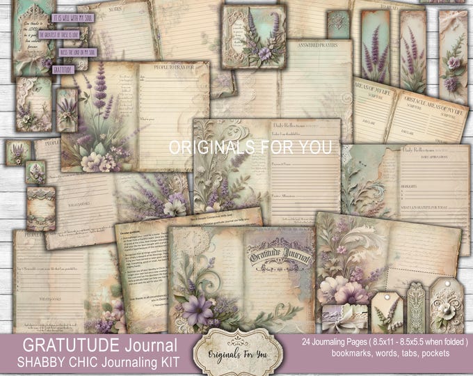 Christian GRATITUDE Journal kit, SHABBY CHIC Sage and Lavender, Collage Sheet, Digital Download, Printable