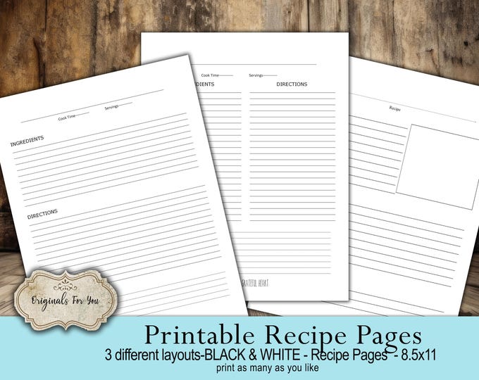 Printable Black & White Recipe Pages- 3 DIFFERENT Layouts - Recipe Pages - 8.5x11, digital pages, recipe pages, Digital Download