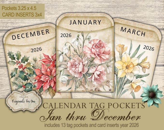 2026 Calendar POCKET TAGS and Inserts, Neutral Loaded Pockets, Junk Journal, Birth Month Flowers