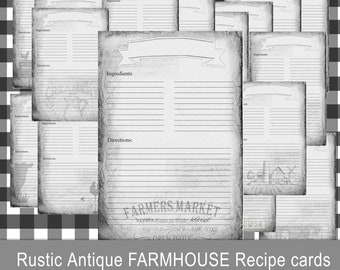 FARMHOUSE Antique Recipe Cards, Scrapbook, 4x6, ephemera, junk journal kit, download, digital collage sheet, vintage, grunge, printable