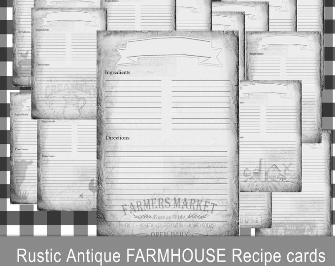 FARMHOUSE Antique Recipe Cards, Scrapbook, 4x6, ephemera, junk journal kit, download, digital collage sheet, vintage, grunge, printable