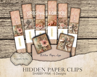 HIDDEN PAPER CLIPS for Junk Journals, papers and Books, "Shabby Chic Pinks" use for book markers or tabs