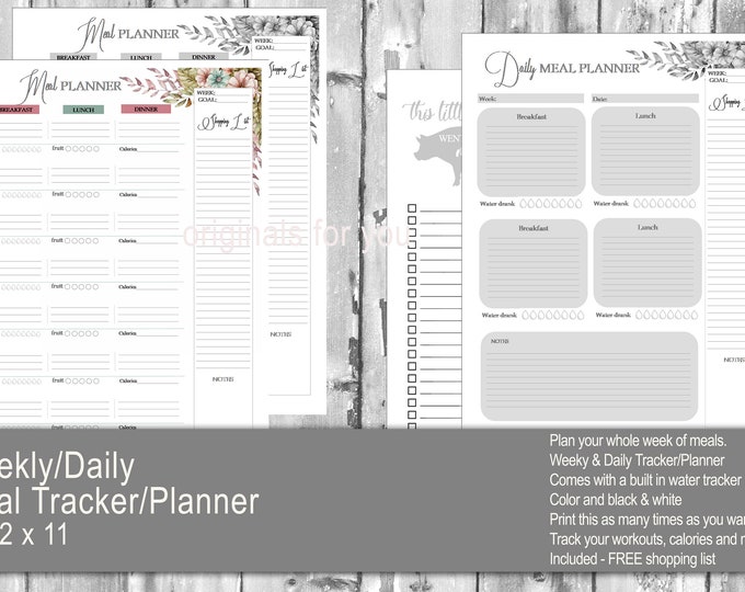 Meal Planner Printable, Weekly Food Diary, Meal Tracker, Food Journal, Menu Plan & Prep, Grocery List! Diet, Fitness, Health, 8.5 x 11