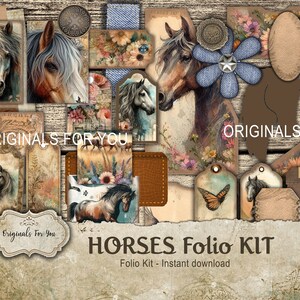 May include: A digital collage kit featuring images of horses, flowers, butterflies, and vintage-style tags. The kit includes the text "HORSES Folio KIT" and "Folio Kit - Instant download".