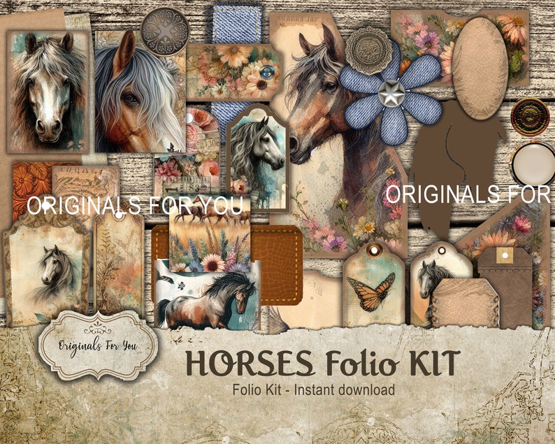 May include: A digital collage kit featuring images of horses, flowers, butterflies, and vintage-style tags. The kit includes the text "HORSES Folio KIT" and "Folio Kit - Instant download".