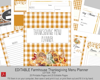 EDITABLE Farmhouse Thanksgiving Menu Planner, planner, gifts, thanksgiving