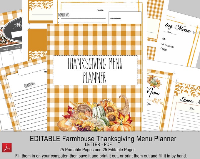 EDITABLE Farmhouse Thanksgiving Menu Planner, planner, gifts, thanksgiving