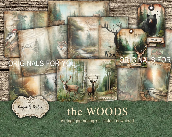 the WOODS, Vintage junk journal, shabby chic, antique, tea stained, download and print