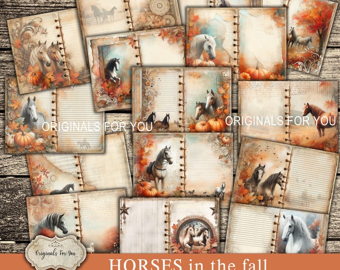HORSES in the Fall, Vintage Watercolor Junk Journal papers, Shabby, Printable, Digital Download, equestrian, Horse Ephemera, Fall, Western