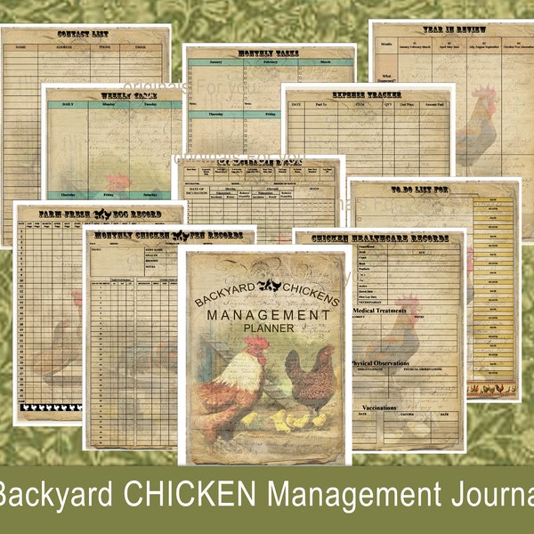 Backyard Chickens Management Junk Journal, Chicken Farm Digital Journal Kit, Printable Vintage Farm Ephemera, JUNK journal Tags