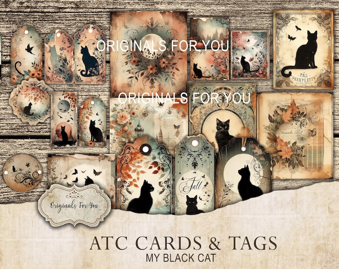 ATC CARDS & TAGS - Journaling cards, and tags. "My Black Cat", fall, junk journal, vintage, ephemera for your scrapbooking and junk journal
