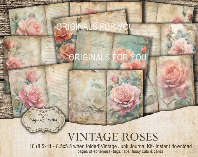 SHABBY CHIC VINTAGE Roses Junk Journal Kit - Junk Journal Papers, Shabby, Printable, Floral, Digital Download