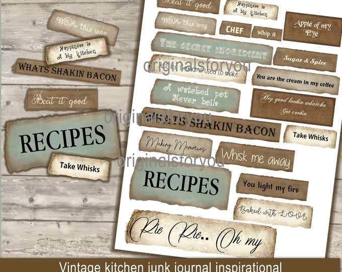 Digital Words, Embellishments for Junk Journals, Printable Junk Journaling Words, Ephemera, Kitchen phrases junk journal Junk Journal Words