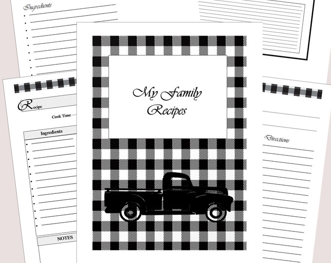 Farmhouse Buffalo Check,Printable Blank Recipe Notebook, Large 8.5x11"