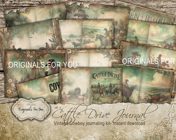 COWBOY'S Cattle Drive, Vintage Journaling Kit, equestrian, Cowboy Ephemera, Tags, Digital Download, Cows and Horses, Western