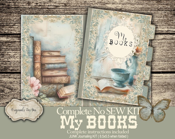 NO-SEW Junk Journal Kit Shabby Book Tracker, Beginners, BOOKS, Reading Log Digital Download