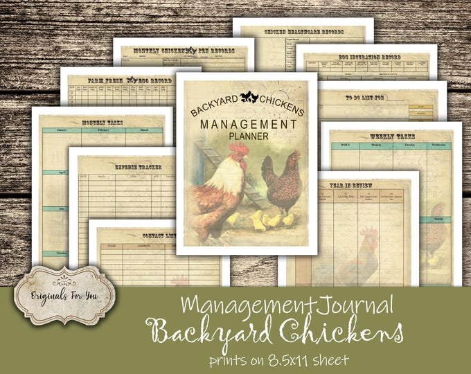 Backyard Chickens Management Junk Journal, Chicken Farm Digital Journal Kit, Printable Vintage Farm Ephemera, JUNK journal Tags