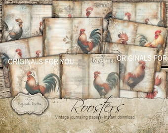 Roosters, Vintage antique digital junk journal papers, "ROOSTERS" background, digital journal, printable scrapbook paper, ephemera collage
