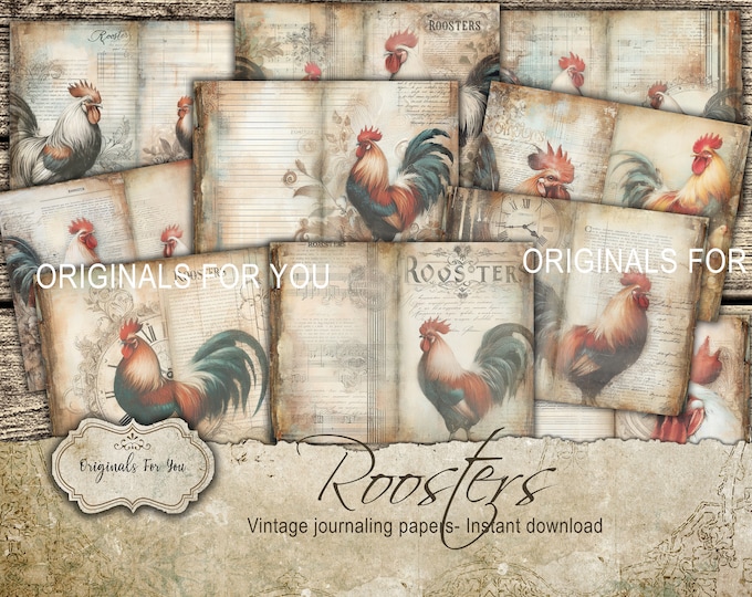Roosters, Vintage antique digital junk journal papers, "ROOSTERS" background, digital journal, printable scrapbook paper, ephemera collage