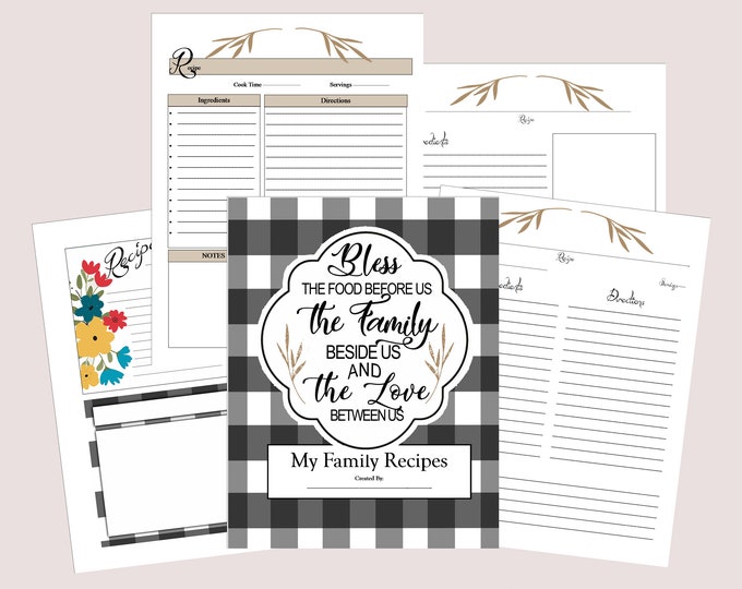 FARMHOUSE Buffalo Print Blank Printable Recipe Notebook, Large 8.5x11" Recipe book