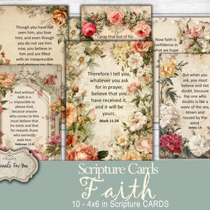 以下が含まれることがあります： 花柄のデザインが施された、10枚の10 x 15 cmの聖句カードのセット。各カードには異なる聖書の詩が記載されており、ピンク、黄色、白の色合いの花で囲まれています。カードはヴィンテージ風の外観です。