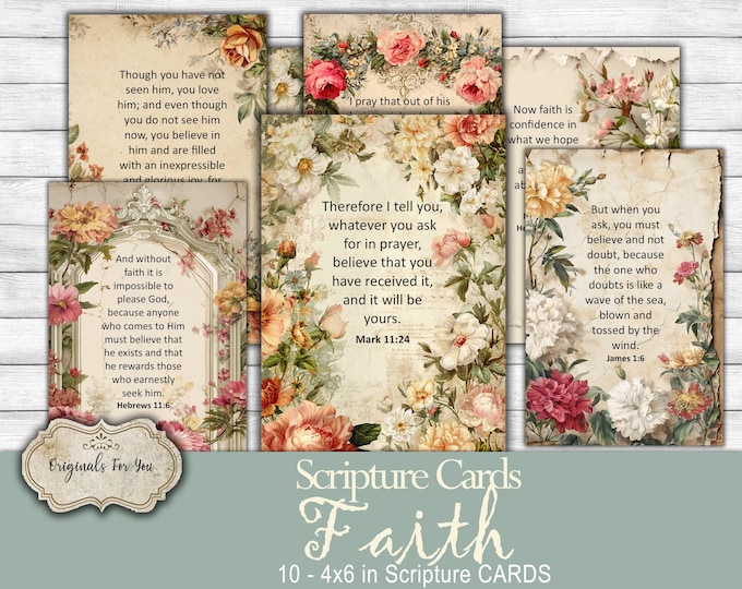 FAITH - SHABBY CHIC Christian Printable Scripture Cards, Junk Journal cards, Collage Sheet, Digital Download, Printable Prayer Cards