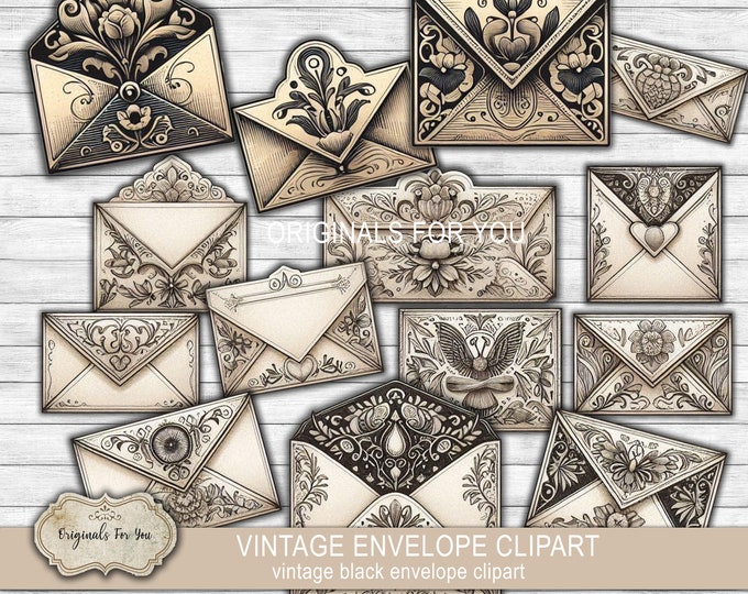Vintage Antique Black and Cream Envelope Clipart, Floral, junk journal, shabby chic, antique, download and print