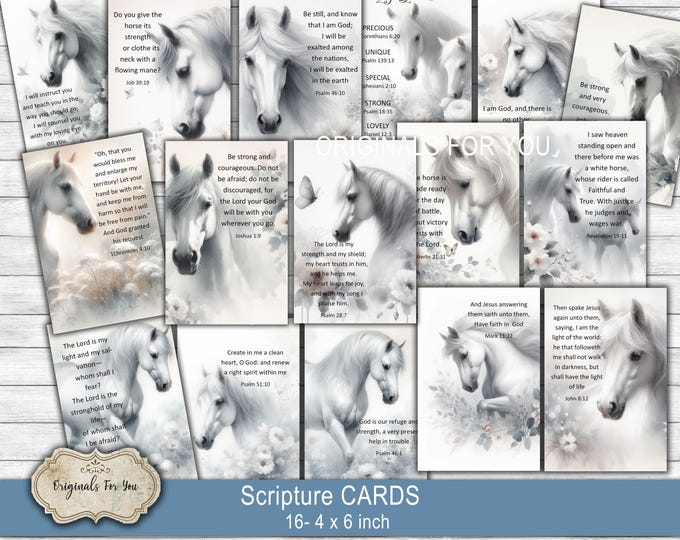 Equestrian Christian Printable Scripture cards, White Horses, Watercolor, Digital Download, Printable Bible Verses, Prayer Cards
