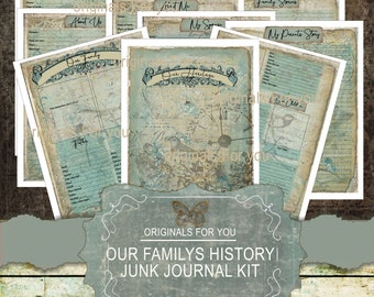 May include: A set of printable pages for a family history junk journal kit. The pages are decorated with vintage-style graphics and text, including a clock, a bird, and a butterfly. The pages include prompts for recording family traditions, stories, and personal information.